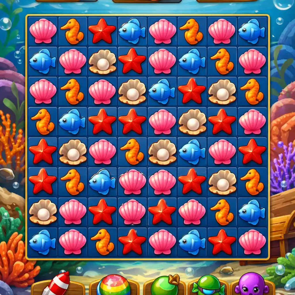 Screenshot z mobilní hry Ocean Blast: barevná match-3 hrací plocha s podmořskými prvky jako mušle, hvězdice a perly