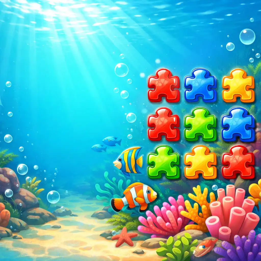 Barevná podmořská scéna z hry Ocean Blast s korály, rybami a drahokamy