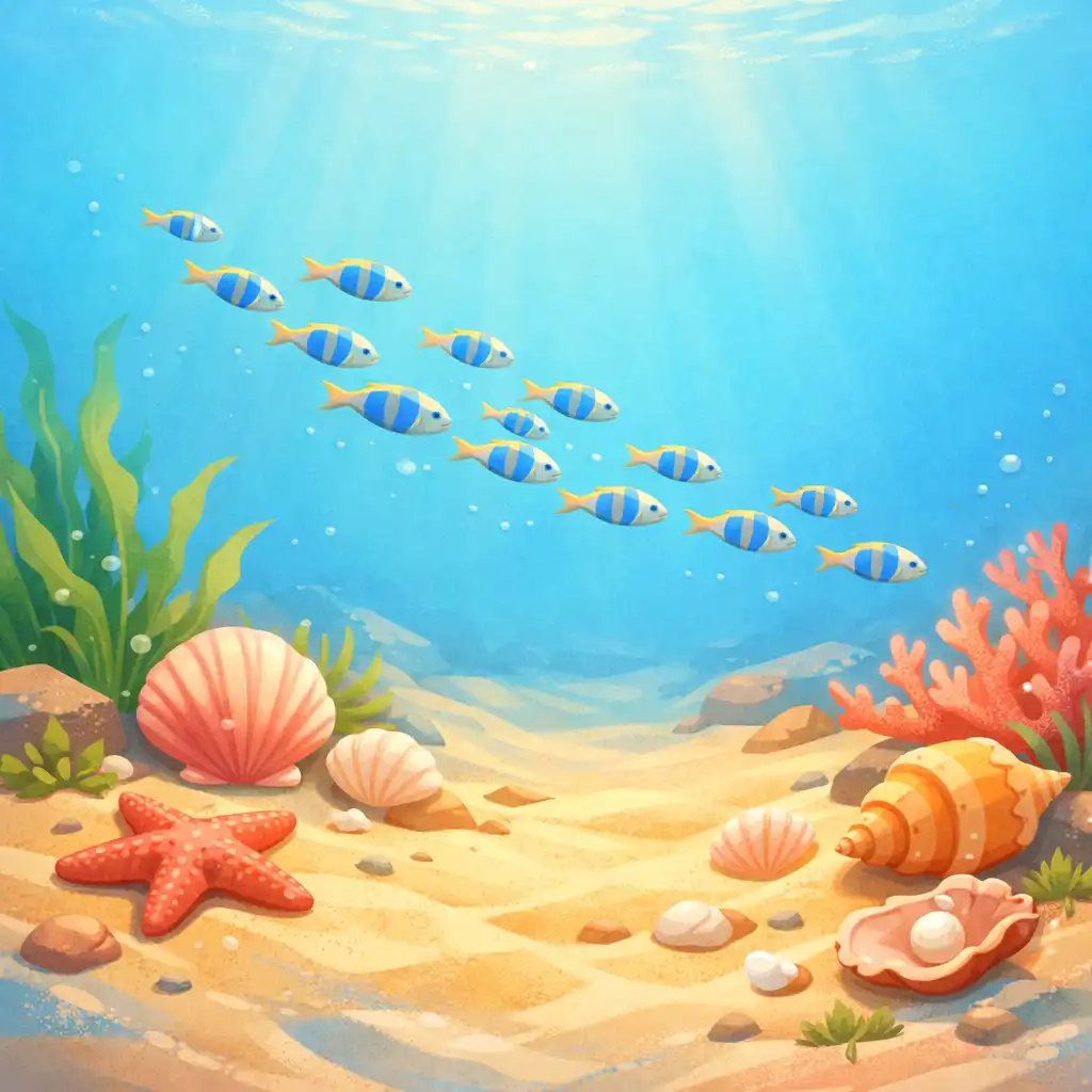 Detailní ilustrace podmořského prostředí z hry Ocean Blast s písečným dnem, mušlemi a hejnem ryb