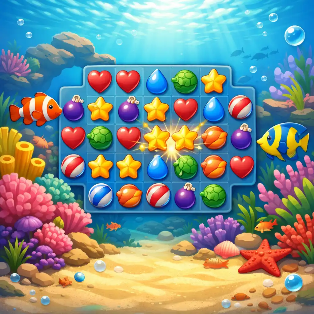 Barevný podmořský svět hry Ocean Blast s korálovými útesy, tropickými rybami a bublinami